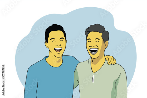 Two young men share a heartfelt laugh as they enjoy each other's company in a relaxed atmosphere.