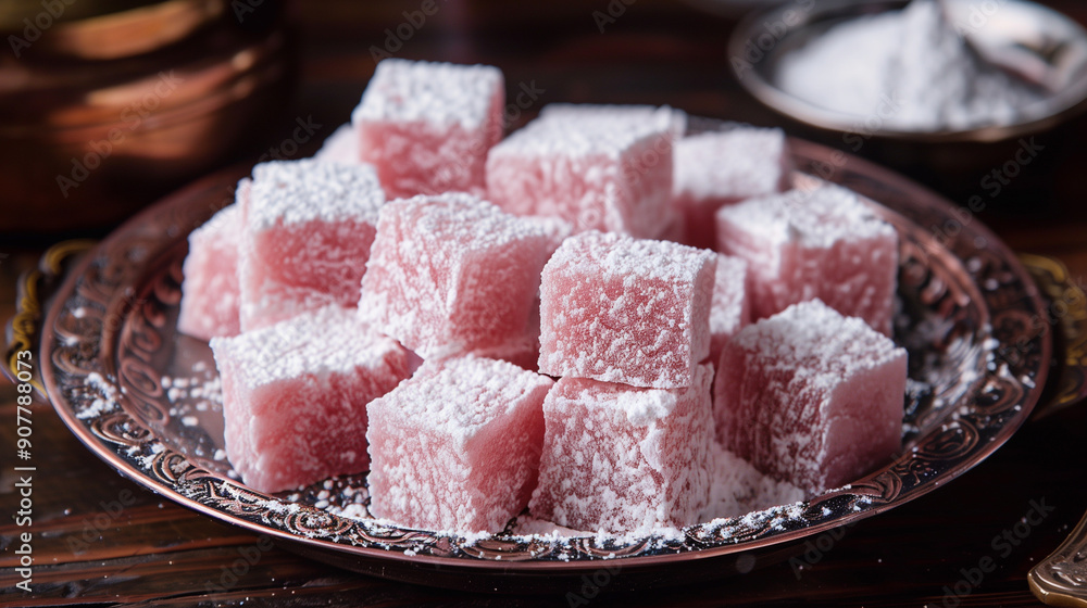 Cubes of Turkish delight dusted with powdered sugar on a ceramic dish Cubes of Turkish delight dusted with powdered sugar on a ceramic dish