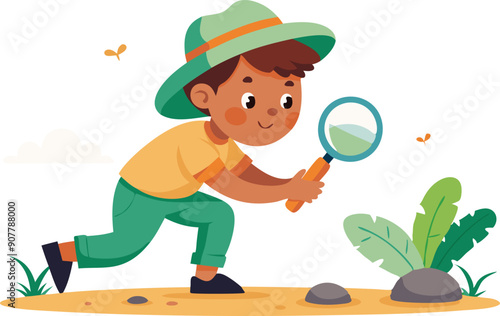 A boy examines plants closely with a magnifying glass while enjoying a sunny day in nature.