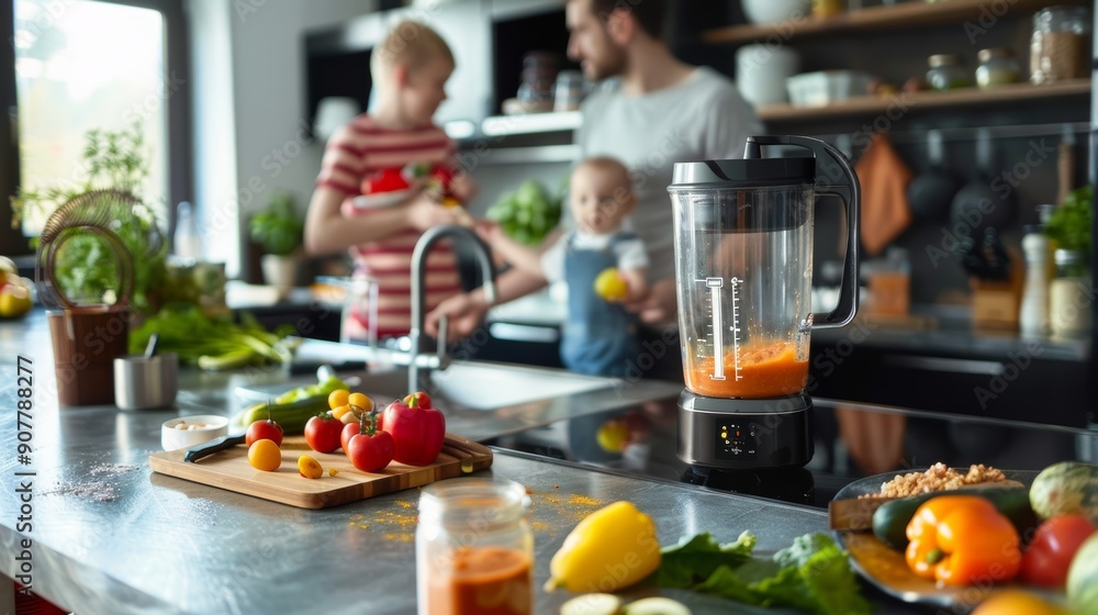 Modern Family Kitchen with Blender Making Fresh Baby Food - Healthy Meal Preparation, Parenting Modern Family Kitchen with Blender Making Fresh Baby Food - Healthy Meal Preparation, Parenting