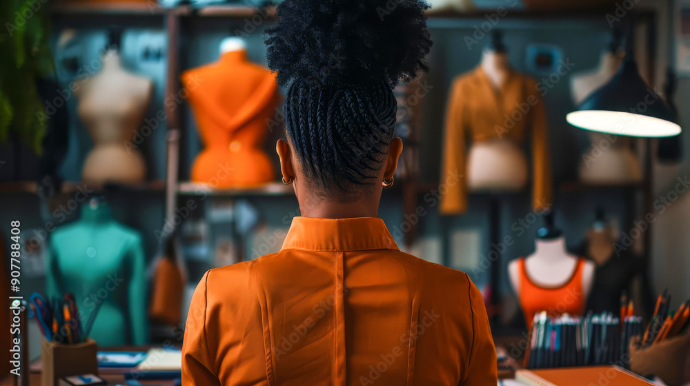 Back view of a female fashion designer in her studio. Back view of a female fashion designer in her studio.
