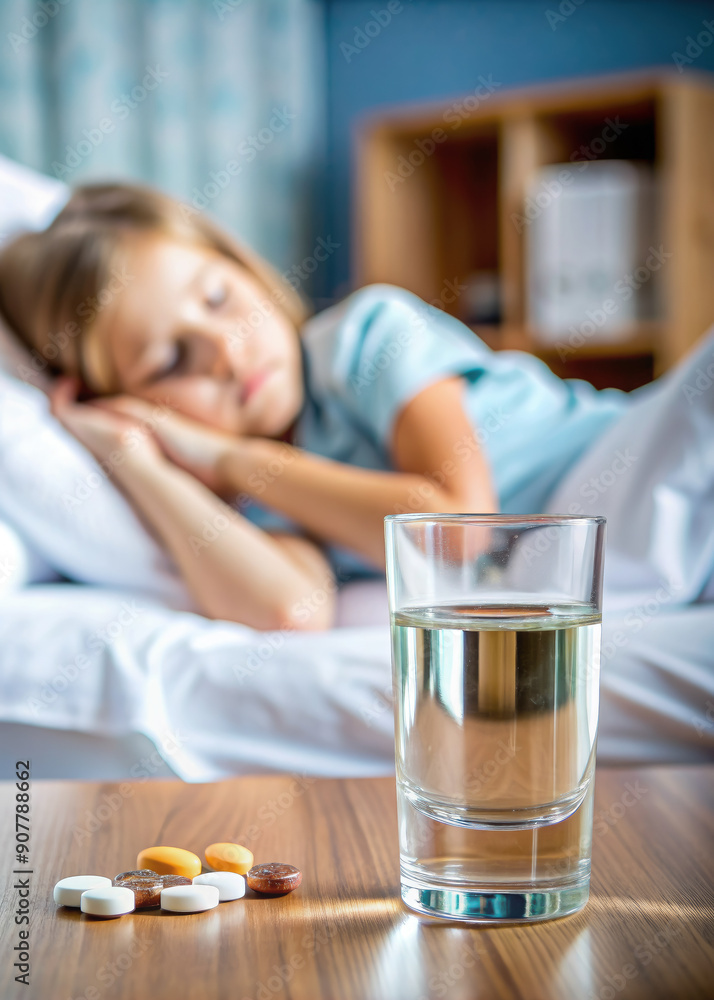 glass of water, medicines on the bedside table against the background of the bed, sick person, child, cold, seasonal illness, treatment, virus, flu, fever, room, weakness, pills, vitamins, sick leave glass of water, medicines on the bedside table against the background of the bed, sick person, child, cold, seasonal illness, treatment, virus, flu, fever, room, weakness, pills, vitamins, sick leave