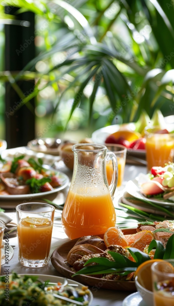 Family Brunch with Fresh Orange Juice and Variety of Dishes for a Warm Gathering Event Family Brunch with Fresh Orange Juice and Variety of Dishes for a Warm Gathering Event
