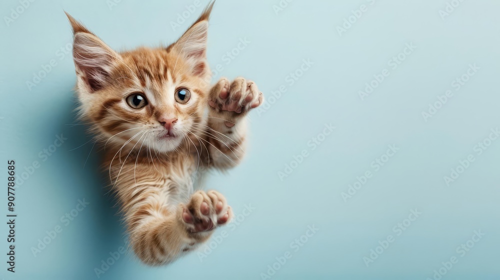 Cute ginger kitten peeking through a hole with paws outstretched. Cute ginger kitten peeking through a hole with paws outstretched.