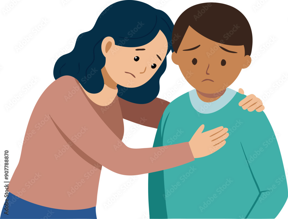 Fototapeta premium A caring woman comforts a sad man, showing empathy and emotional support in a calming atmosphere.