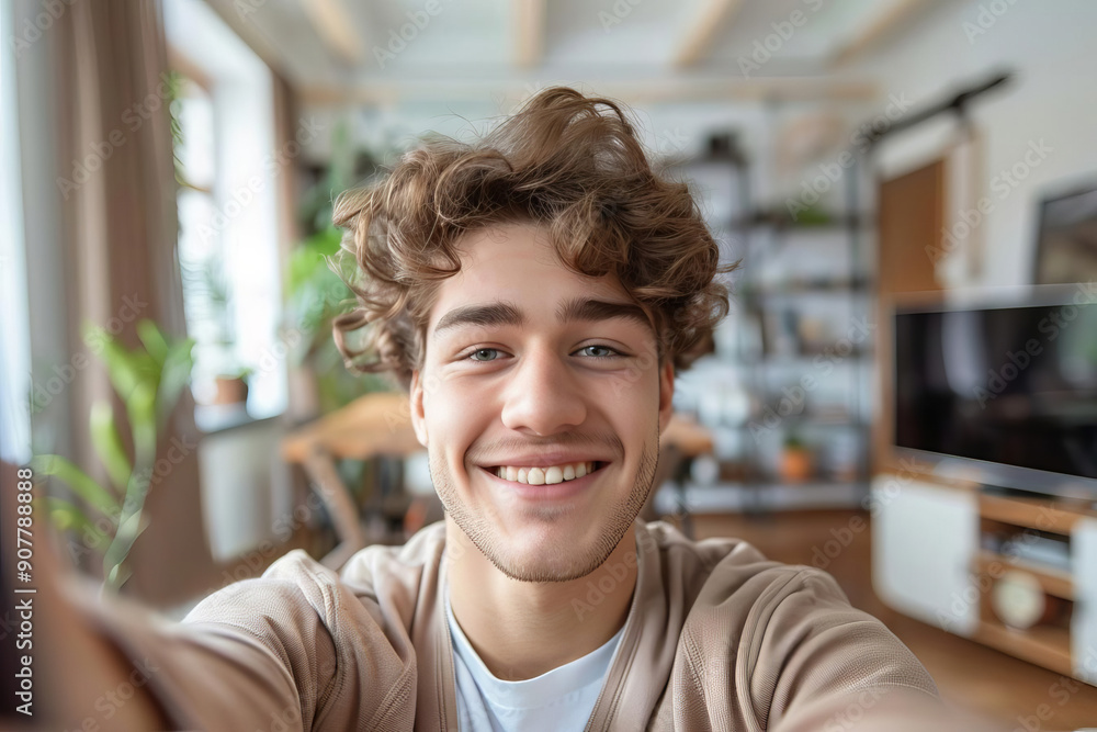 A smiling young man taking a selfie at home, enjoying his time, reflects a happy and casual lifestyle, with copy space A smiling young man taking a selfie at home, enjoying his time, reflects a happy and casual lifestyle, with copy space