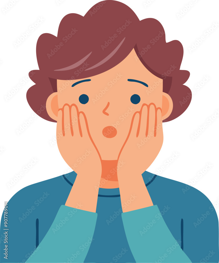 A young individual expresses surprise and concern by holding their face with both hands. A young individual expresses surprise and concern by holding their face with both hands.