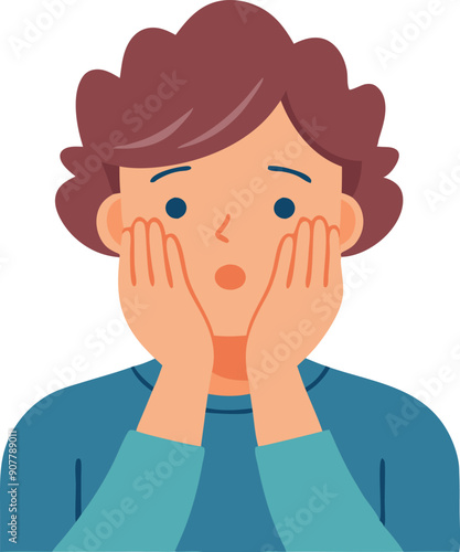 A young individual expresses surprise and concern by holding their face with both hands.