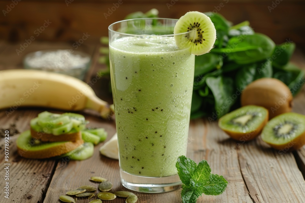 Green Smoothie with Spinach, Banana, Kiwi, and Almond Milk Garnished with Mint Green Smoothie with Spinach, Banana, Kiwi, and Almond Milk Garnished with Mint