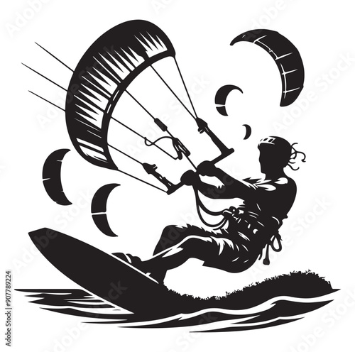 Kitesurfing Kite Surfing silhouette vector on white background.