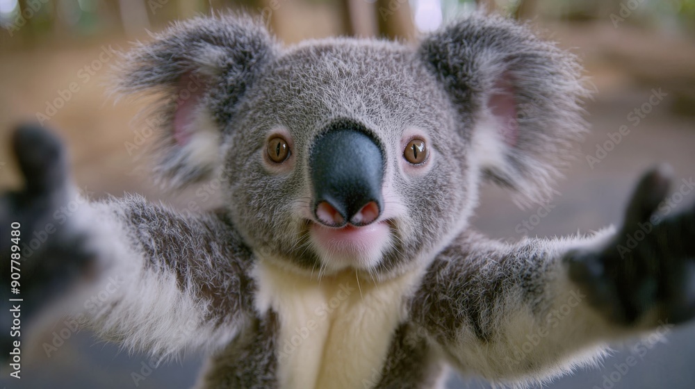 Obraz premium A baby koala with a sweet smile and soft fur reaches out with both arms, leaning in for a gentle selfie with a high-resolution lens, against a looped background that is not very blurry