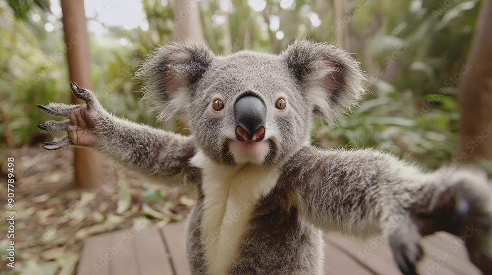 Fototapeta premium A baby koala with a sweet smile and soft fur reaches out with both arms, leaning in for a gentle selfie with a high-resolution lens, against a looped background that is not very blurry