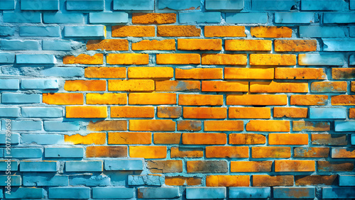 A vibrant brick wall background painted in bright yellow and blue. The contrasting colors and textured bricks create a bold, modern, and eye-catching look, perfect for creative and dynamic projects.