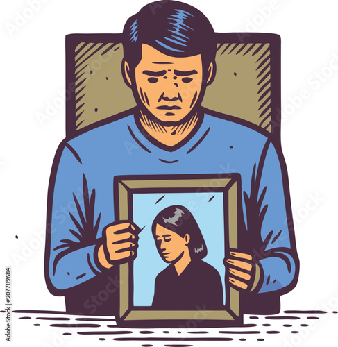 A man gazes sadly at a portrait of a woman, lost in thought, contemplating cherished memories of their time together.