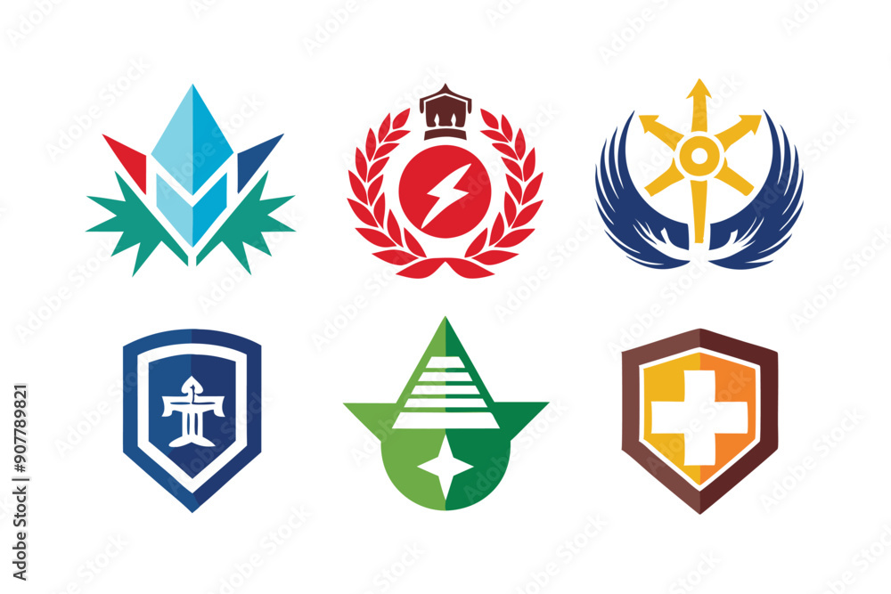 Six Colorful Abstract Geometric Logos with Various Shapes and Symbols Six Colorful Abstract Geometric Logos with Various Shapes and Symbols