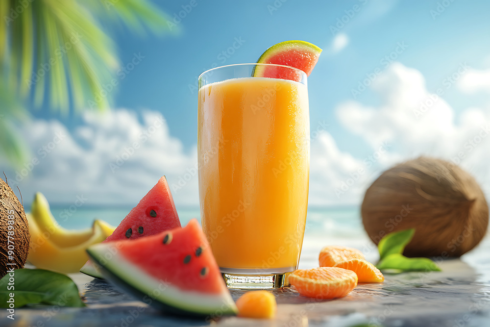 Summer cocktail with various tropical fruits around. Apple, kiwi, tangerine, orange, mango, carambola. Glass of orange drink with blur beach on background Summer cocktail with various tropical fruits around. Apple, kiwi, tangerine, orange, mango, carambola. Glass of orange drink with blur beach on background