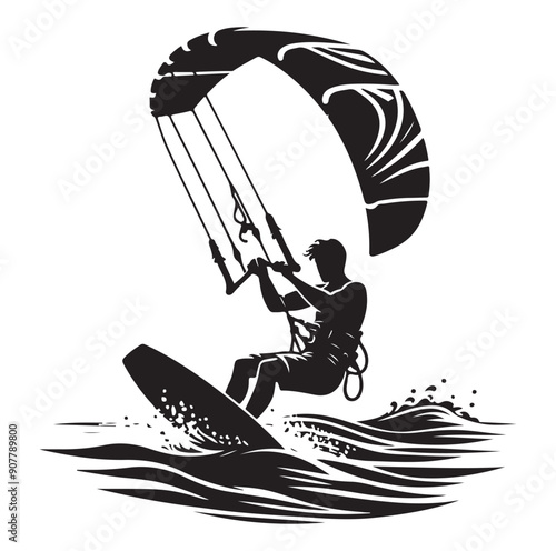 Kitesurfing Kite Surfing silhouette vector on white background.