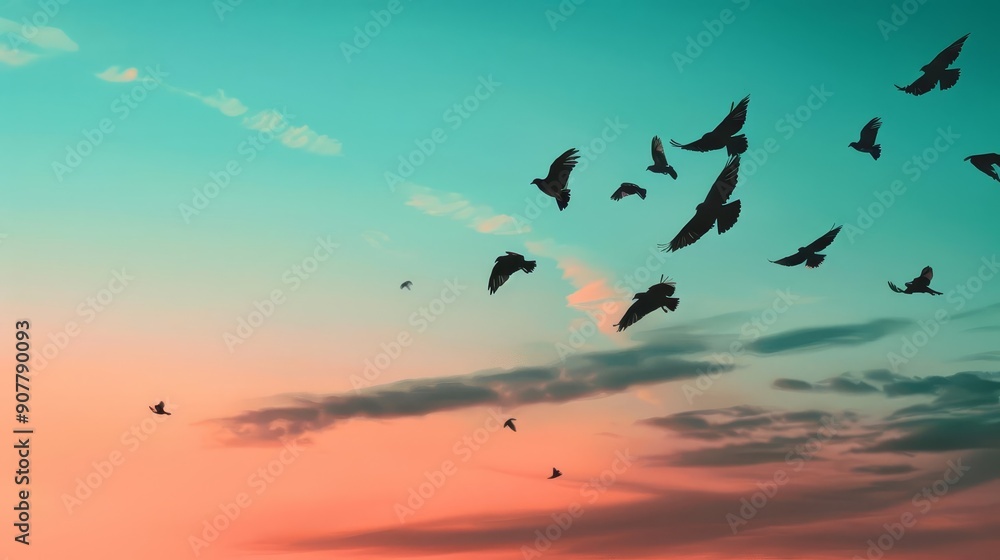 Fototapeta premium Silhouettes of birds flying against a vibrant sunset sky.