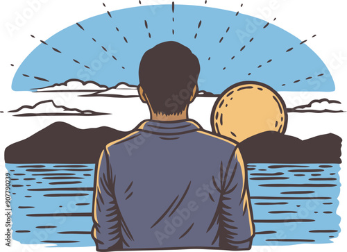 A man enjoys a tranquil sunset by the water, reflecting on the day's beauty with mountains in the distance.