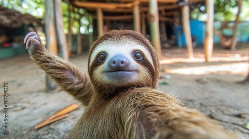 A smiling baby sloth with long arms and a gentle expression stretches towards the camera, taking a high-resolution selfie with a fish-eye lens and a looped background that is not very blurry photo