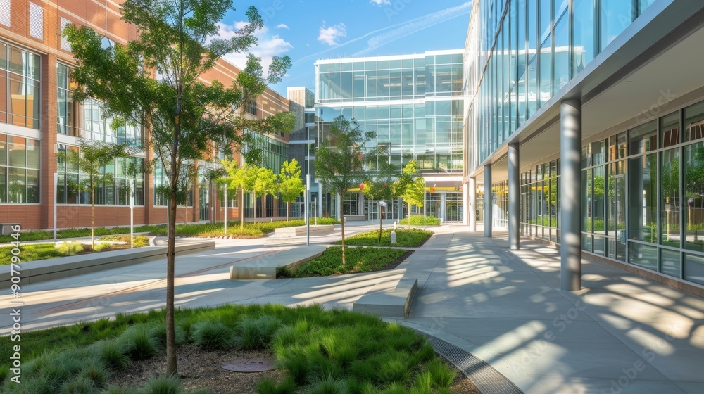 Modern Office Building Courtyard with Greenery. Modern Office Building Courtyard with Greenery.