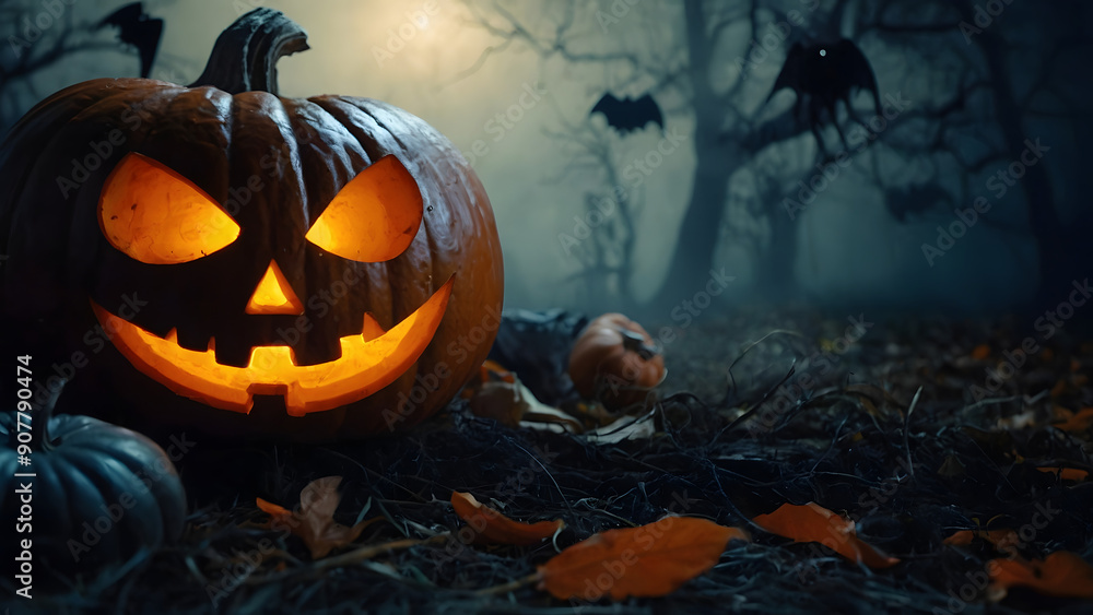 Naklejka premium Halloween scary smiling pumpkin with glowing eyes and smile Dark gloomy setting flying mice fog