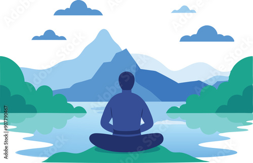 A person sits in a meditative pose by a peaceful lake, surrounded by stunning mountains and greenery.