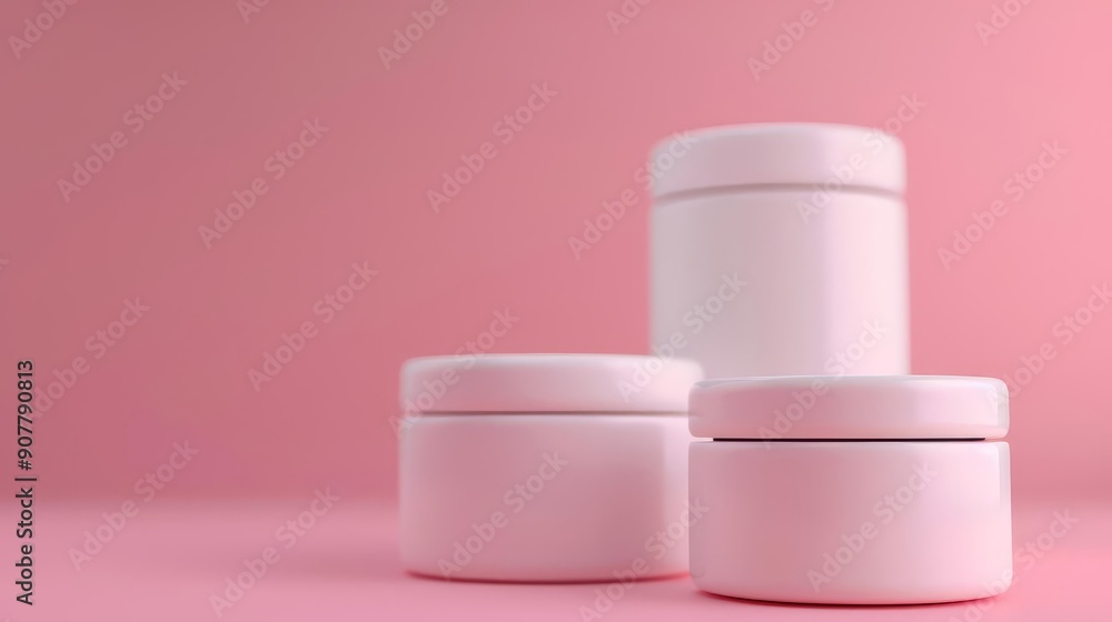 Three white cosmetic jars on pink background. Three white cosmetic jars on pink background.