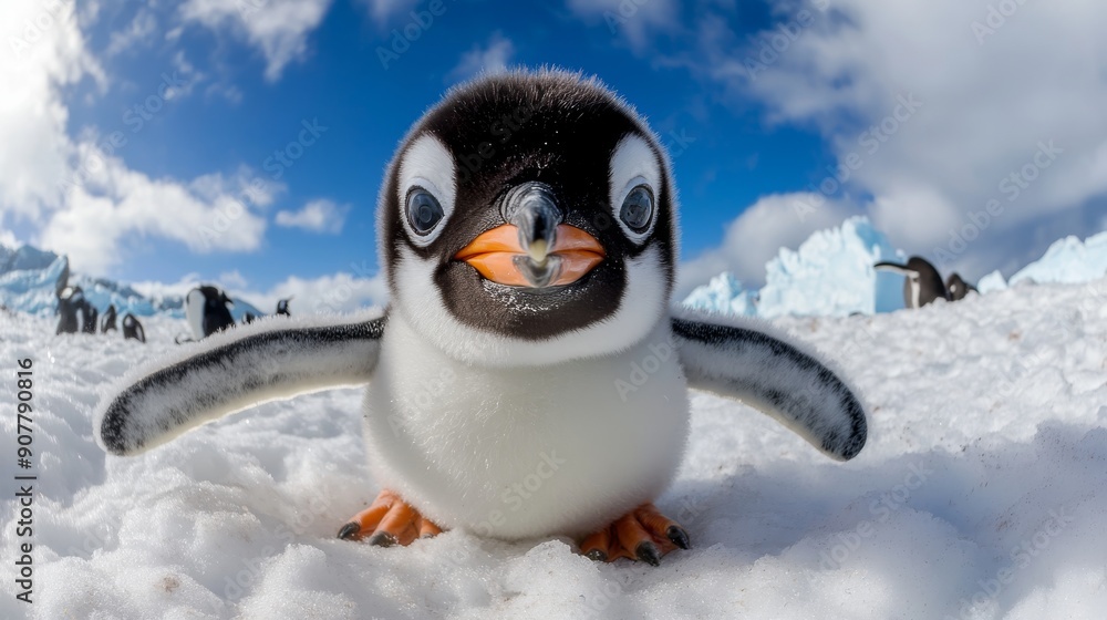 Obraz premium A baby penguin with a waddling stance and cheerful eyes stretches its flippers out, capturing a cute and funny selfie with a fish-eye lens and a looped background that is not very blurry