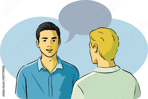Two men are talking casually in a bright space, exchanging ideas and enjoying each other's company.