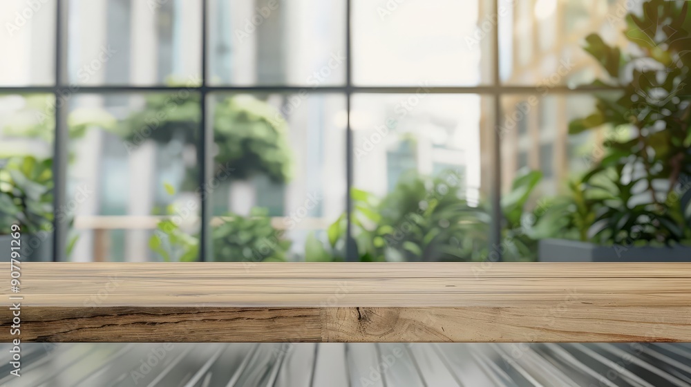 Blurred window background with a wooden table and grey tones Suitable for product display Blurred window background with a wooden table and grey tones Suitable for product display