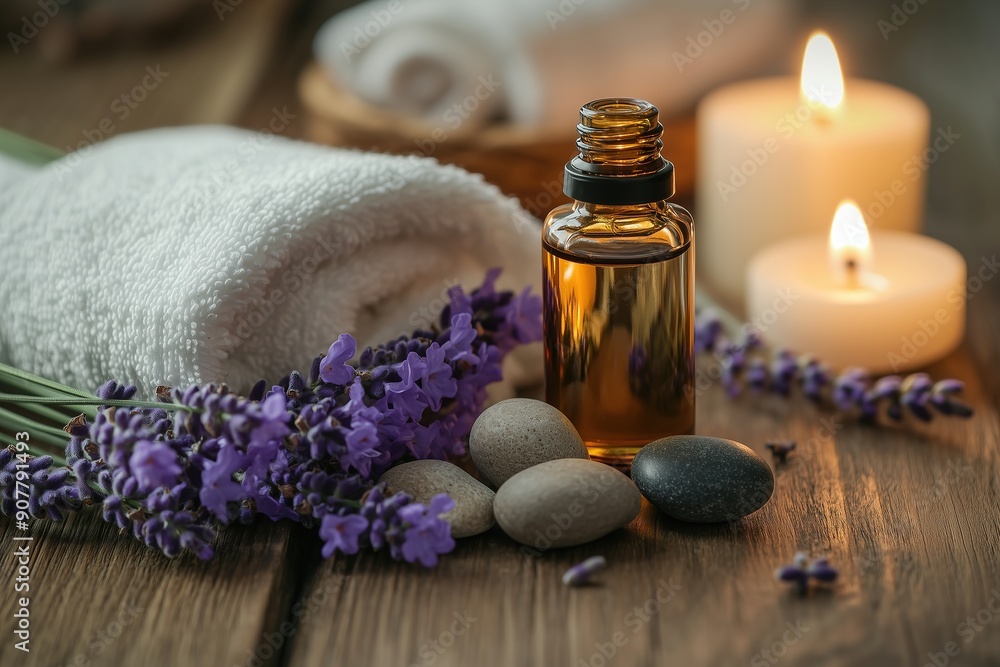 A bottle of lavender essential oil, some rocks and flowers on the wooden table with white towel, candle light, spa concept A bottle of lavender essential oil, some rocks and flowers on the wooden table with white towel, candle light, spa concept