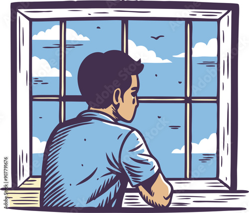 A man looks out a window, absorbed in thought while admiring the blue sky dotted with clouds.