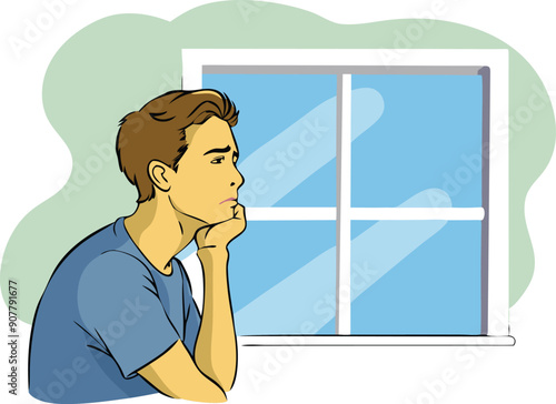 A young man sits thoughtfully by a window, looking pensive and lost in deep contemplation.