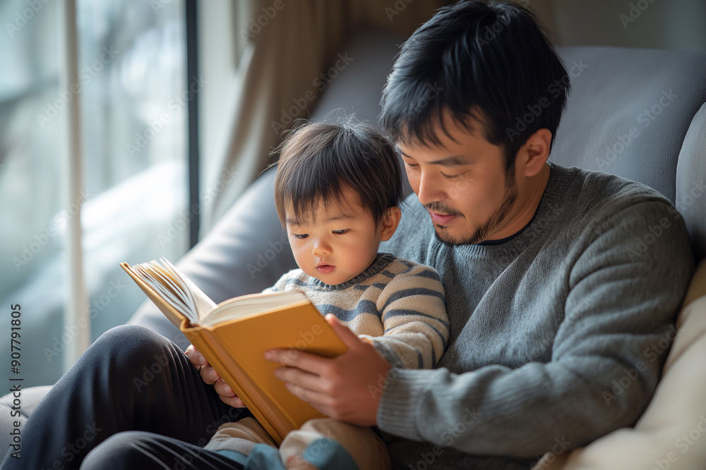 絵本を読むアジア人親子 読み聞かせイメージ 絵本を読むアジア人親子 読み聞かせイメージ