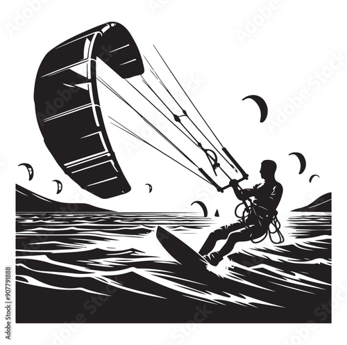 Kitesurfing Kite Surfing silhouette vector on white background.