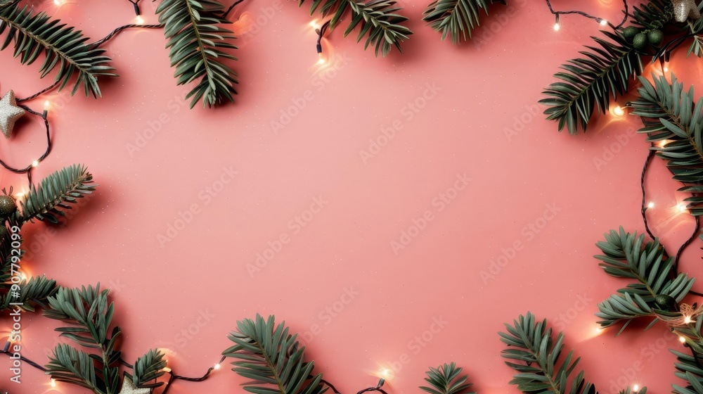 Naklejka premium Pink background with Christmas lights and pine branches.