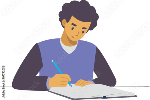 A young man concentrates on writing in his notebook while seated at a desk in a simple setting.