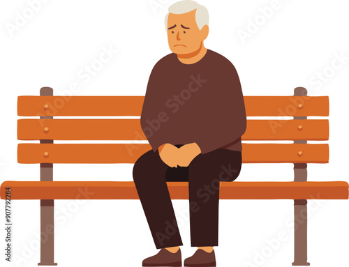 An elderly man with gray hair sits alone on a bench, looking contemplative in a calm park setting.