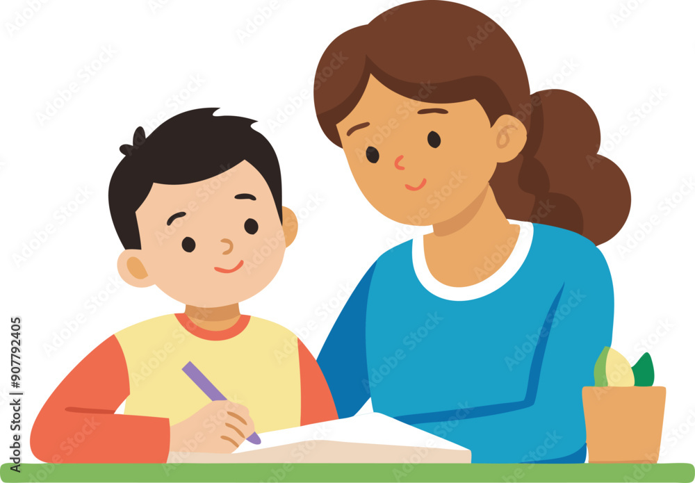 A mother guides her son as he completes homework at a cheerful desk with a plant beside them. A mother guides her son as he completes homework at a cheerful desk with a plant beside them.