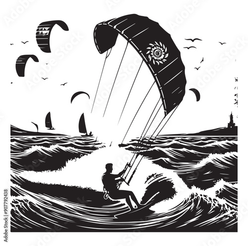 Kitesurfing Kite Surfing silhouette vector on white background.