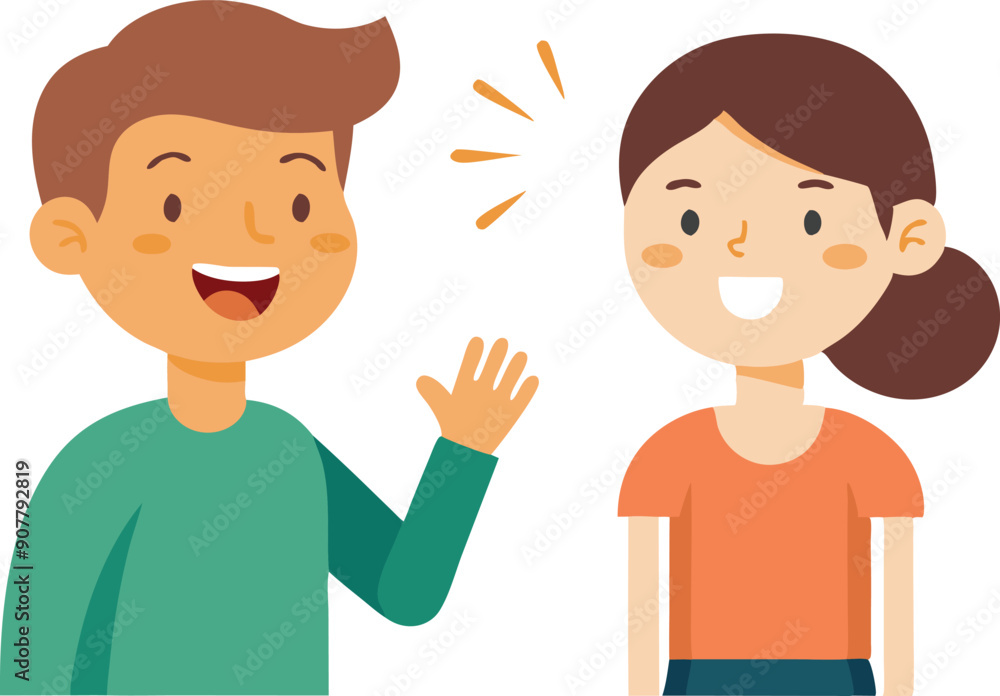 A young boy waves and smiles at a girl while they engage in a cheerful conversation. A young boy waves and smiles at a girl while they engage in a cheerful conversation.