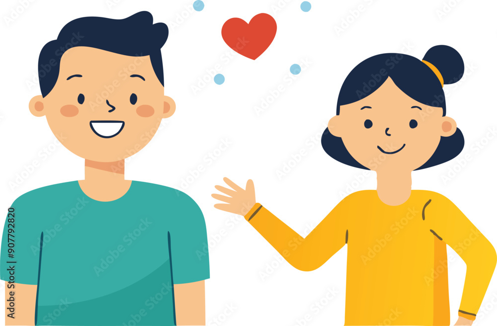 A cheerful young couple shares a moment of affection, highlighted by a heart symbol hovering above them.