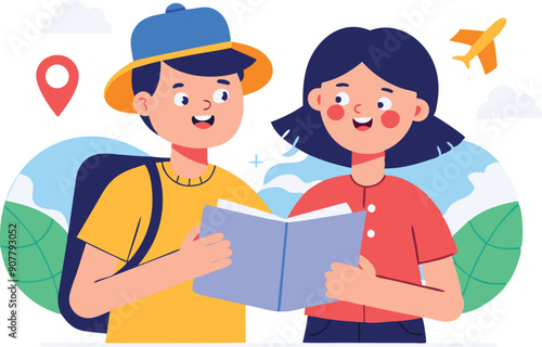 Two cheerful travelers read a guidebook, excitedly planning their next adventure surrounded by nature.