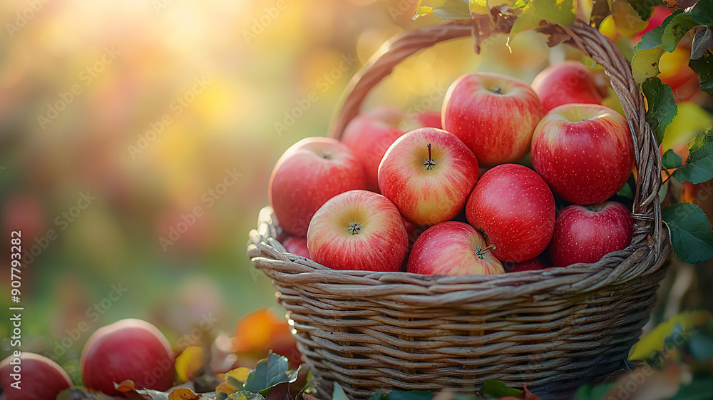 Basket of vibrant apples in an orchard, with sunlight filtering through the trees Basket of vibrant apples in an orchard, with sunlight filtering through the trees