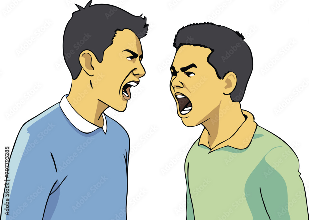 Two young men are arguing intensely, gesturing energetically and expressing strong emotions. Two young men are arguing intensely, gesturing energetically and expressing strong emotions.