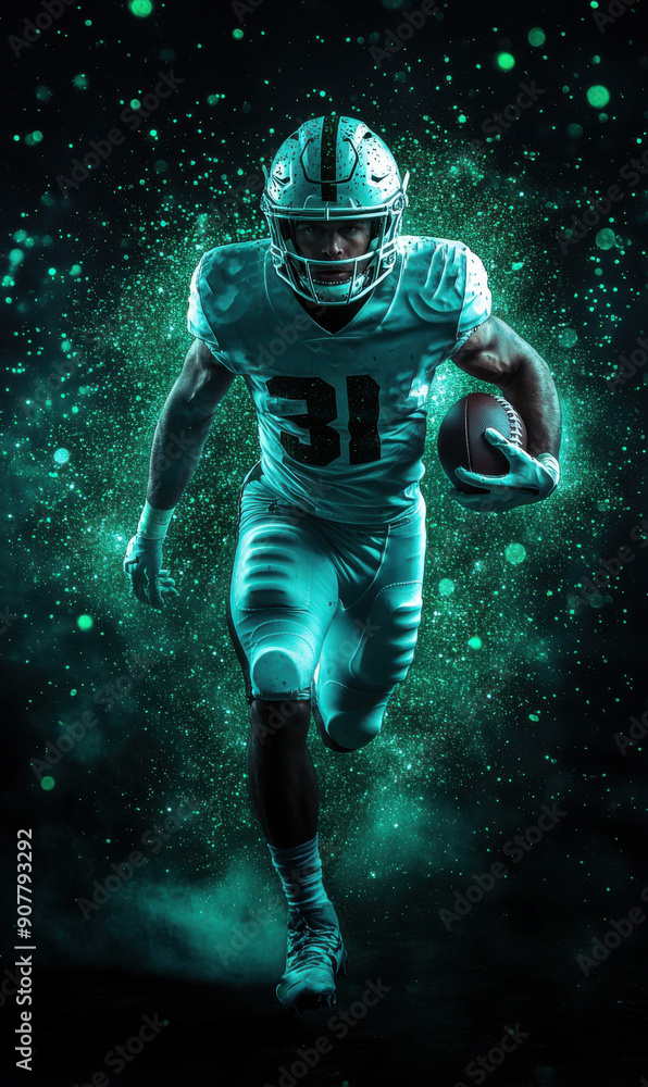 Fototapeta premium American football player, isolated on a black background full of glitter pixie dust in the air.