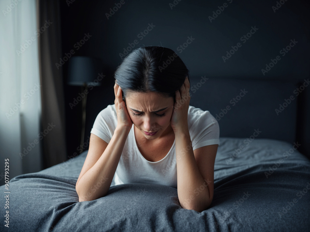 A woman sitting in a dark room holding her head in pain, showing the impact of a migraine on daily life. A woman sitting in a dark room holding her head in pain, showing the impact of a migraine on daily life.