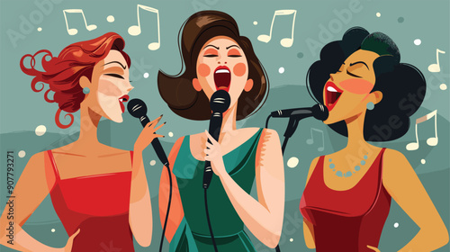 Three female singers performing jazz music, vibrant energetic scene musical notes background. Diverse women group singing joyfully, elegant dresses, retro style, dynamic concert illustration