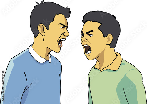 Two young men are arguing intensely, gesturing energetically and expressing strong emotions.